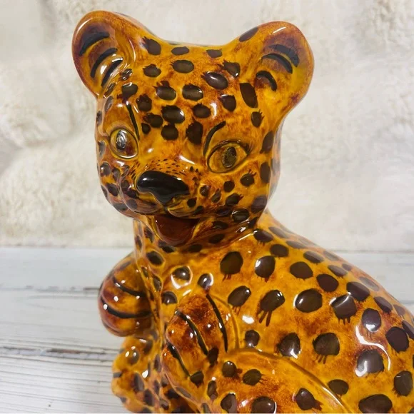 Vintage Molded Glazed Ceramic Baby Leopard Cheetah Cub 8”Animal Figurine Statue - Picture 7 of 15